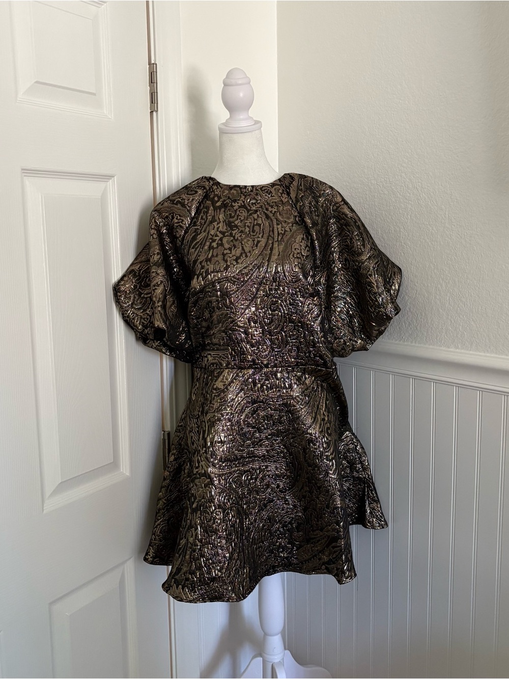Metallic Gold & Black Bronze Mini Dress with Bubble Sleeves